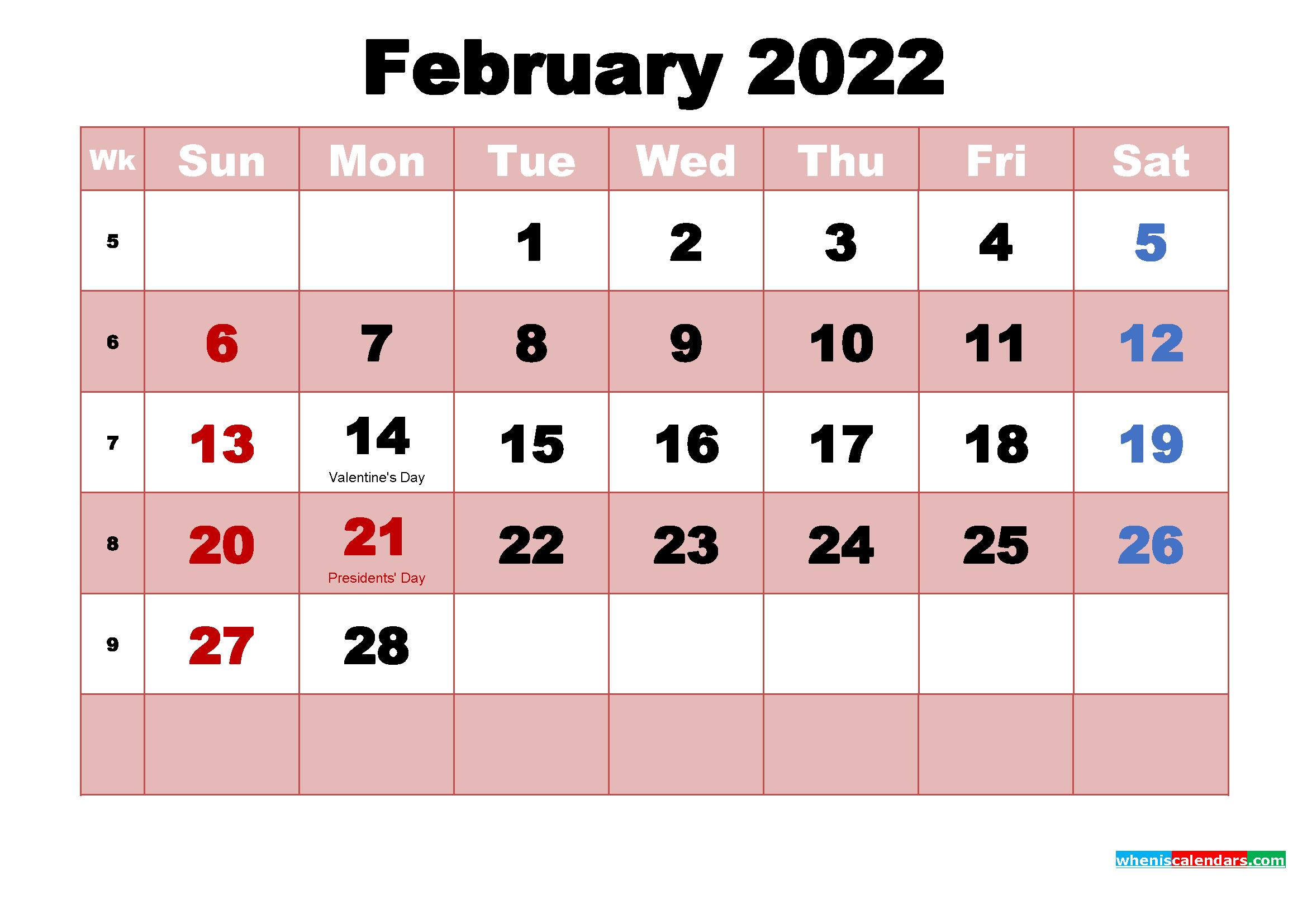 February 2022 Calendar With Holidays Wallpaper