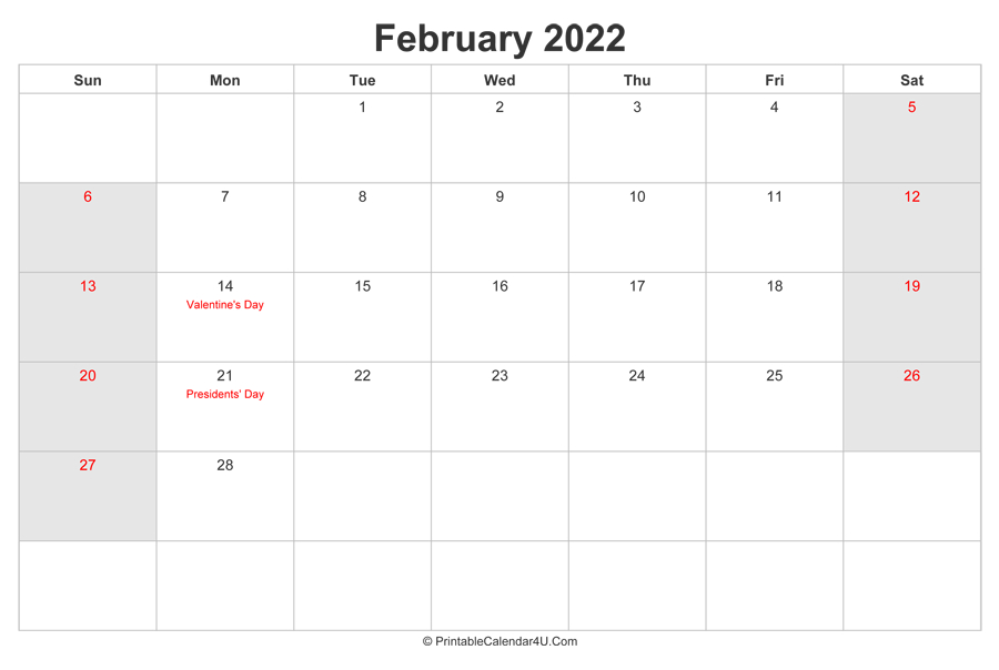 February 2022 Calendar With Us Holidays Highlighted (Landscape Layout)