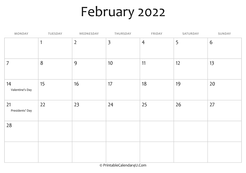 February 2022 Editable Calendar With Holidays