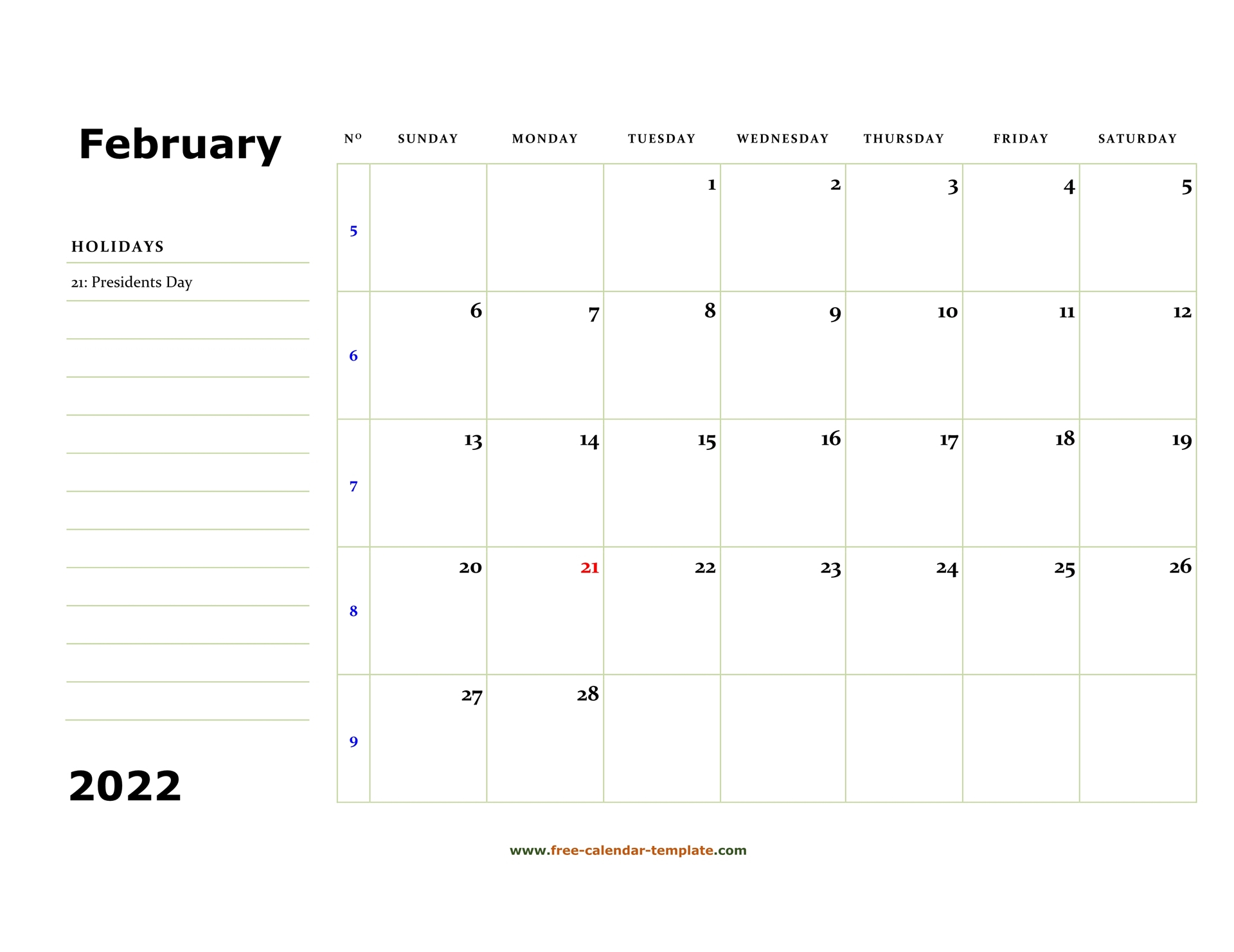 February 2022 Free Calendar Tempplate | Free-Calendar-Template