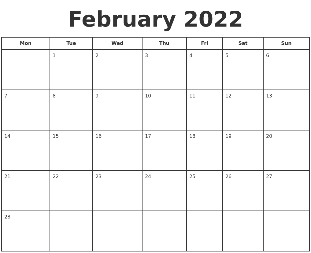 February 2022 Print A Calendar