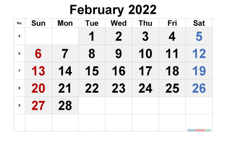 February 2022 Printable Calendar - 6 Templates | March