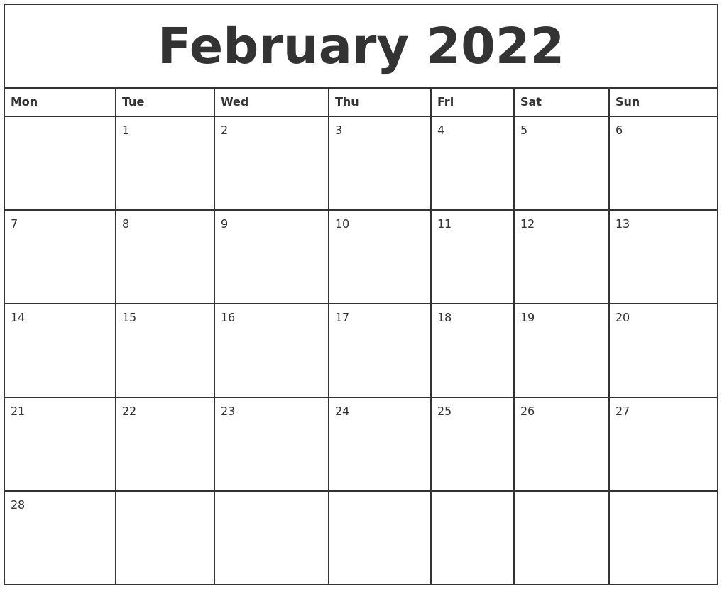 February 2022 Printable Monthly Calendar