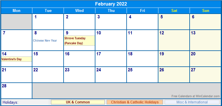 February 2022 Uk Calendar With Holidays For Printing