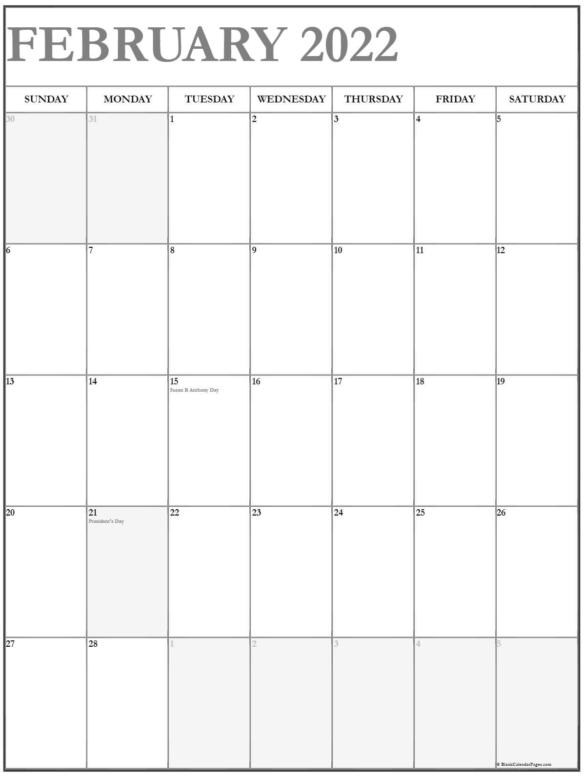 February 2022 Vertical Calendar | Portrait