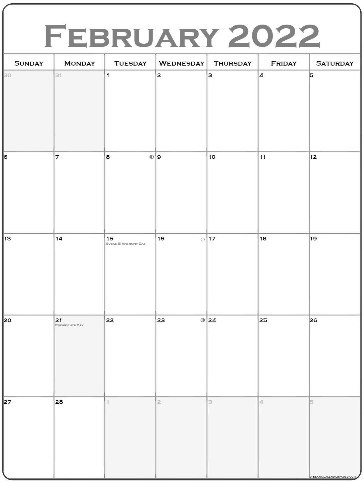 February 2022 Vertical Calendar | Portrait