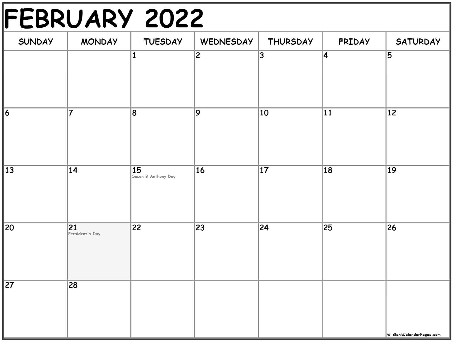 February 2022 With Holidays Calendar