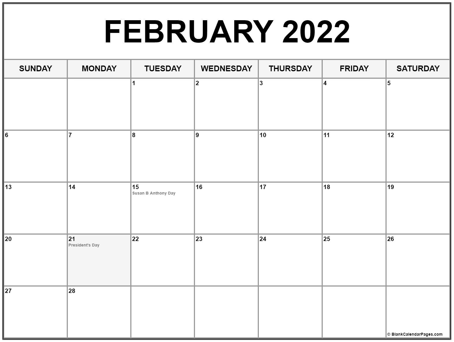 February 2022 With Holidays Calendar