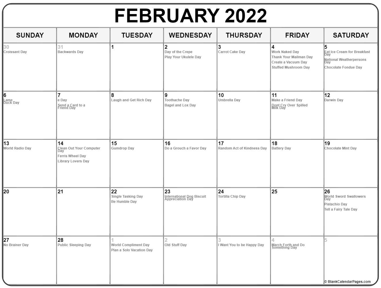 February 2022 With Holidays Calendar