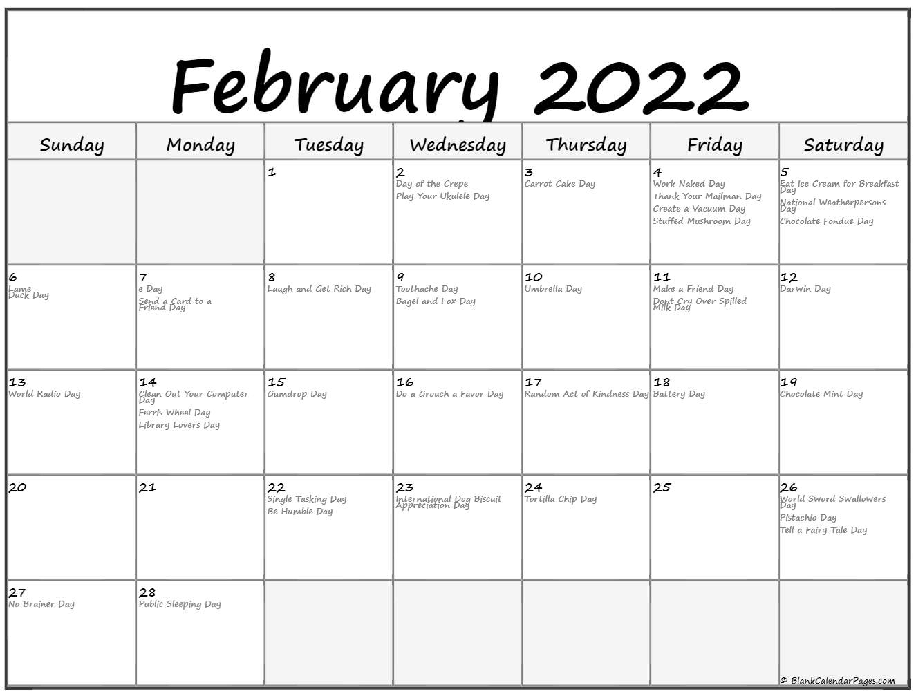 February 2022 With Holidays Calendar