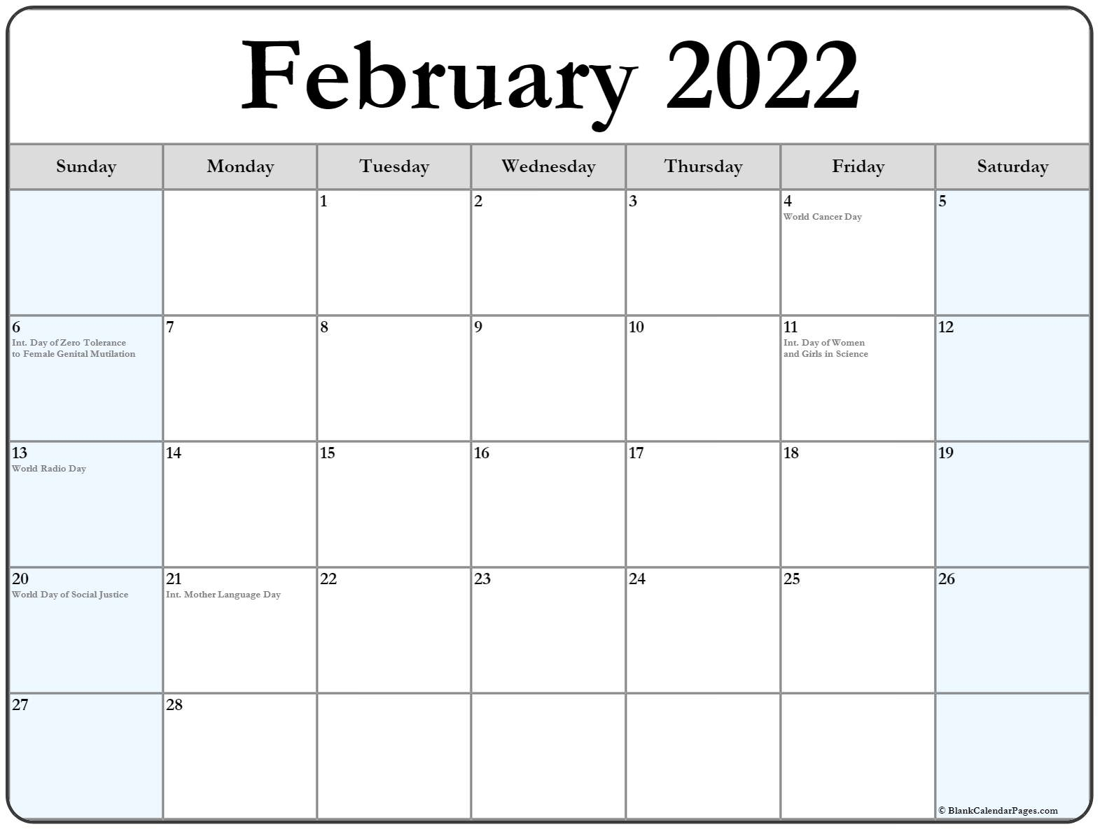 February 2022 With Holidays Calendar