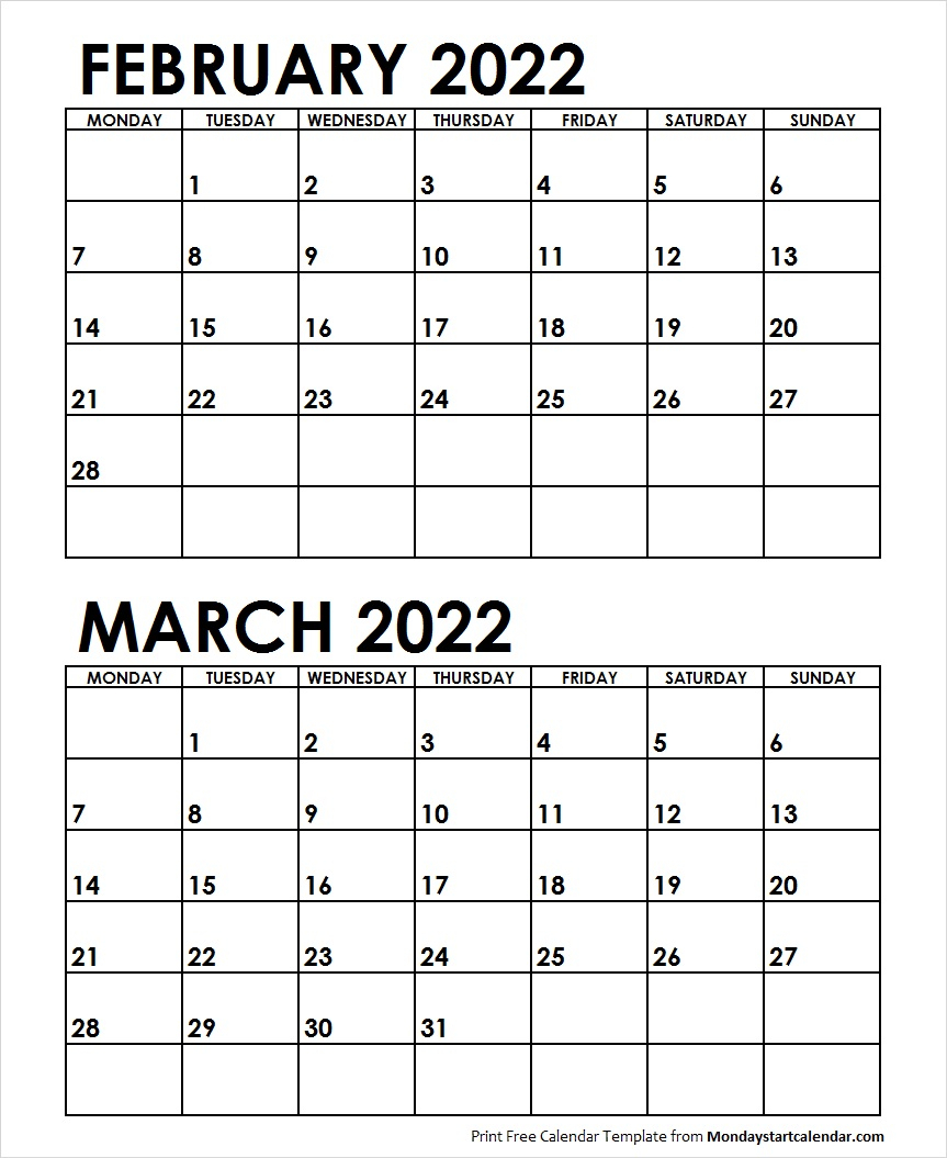 February And March 2022 Calendar Dates