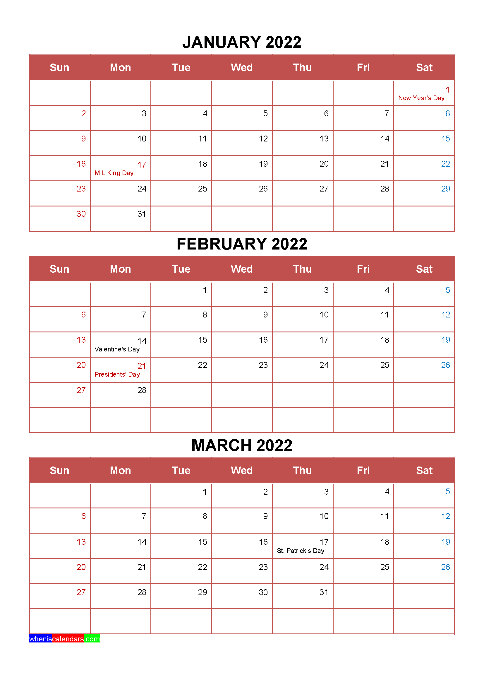 February And March 2022 Calendar Quarters