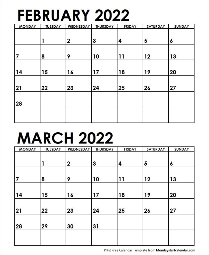 February March 2022 Calendar Monday Start | Two Months