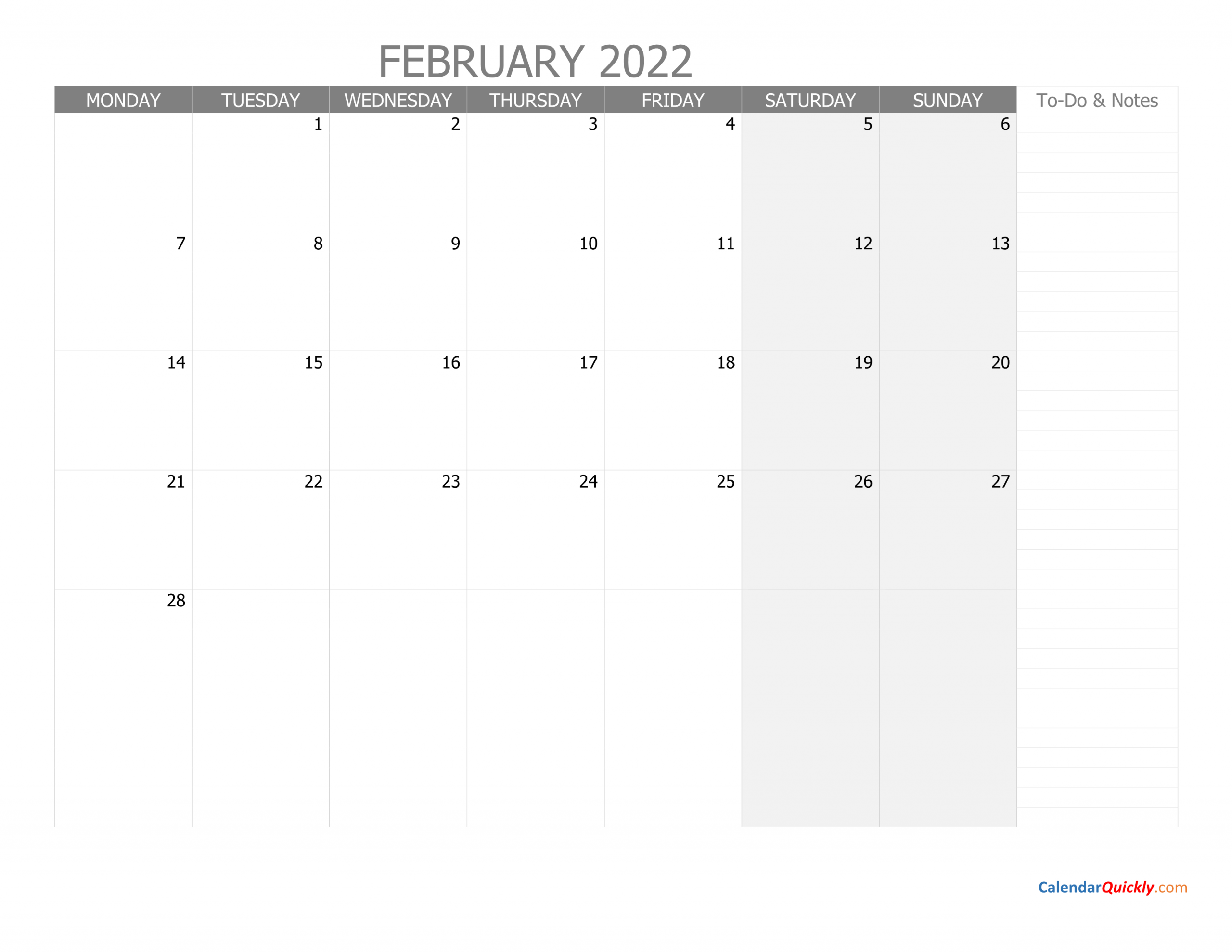 February Monday Calendar 2022 With Notes | Calendar Quickly