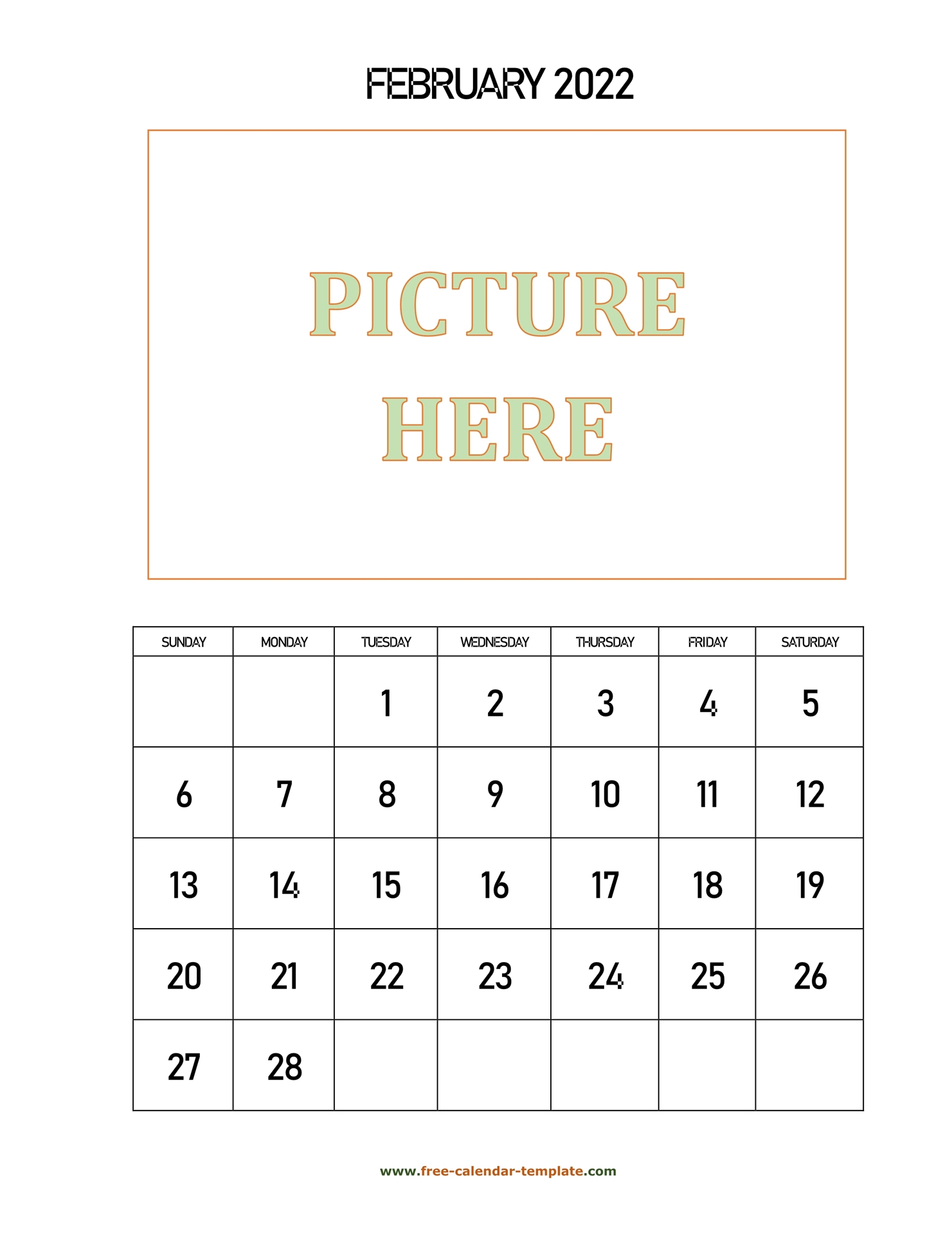 February Printable 2022 Calendar, Space For Add Picture (Vertical) | Free-Calendar-Template