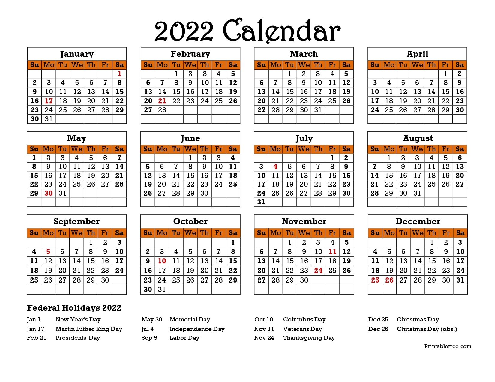 Federal Holidays 2022 Calendar On One Sheet