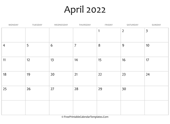 Fillable April Calendar 2022 (Horizontal)