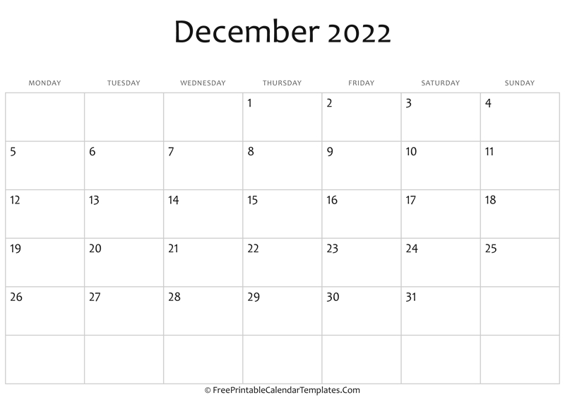 Fillable December Calendar 2022 (Horizontal)