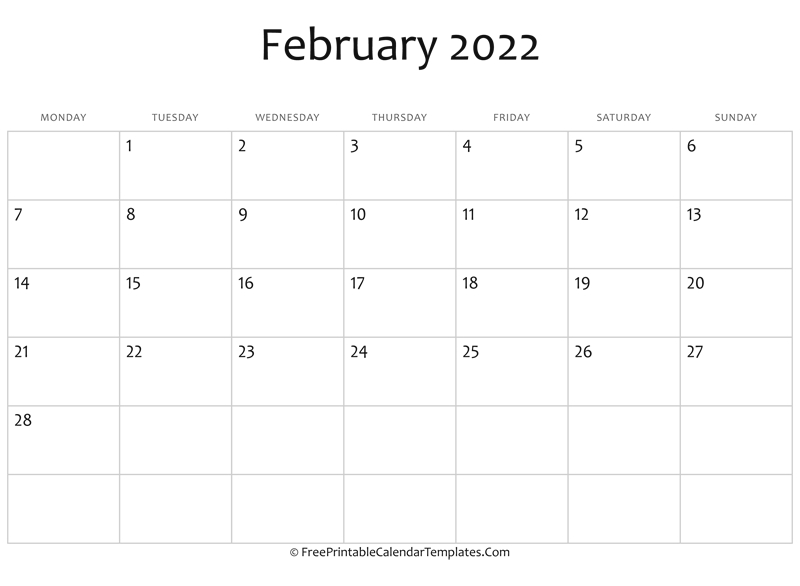 Fillable February Calendar 2022 (Horizontal)