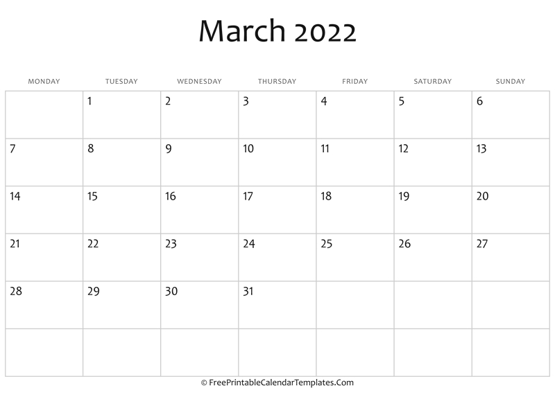 Fillable March Calendar 2022 (Horizontal)