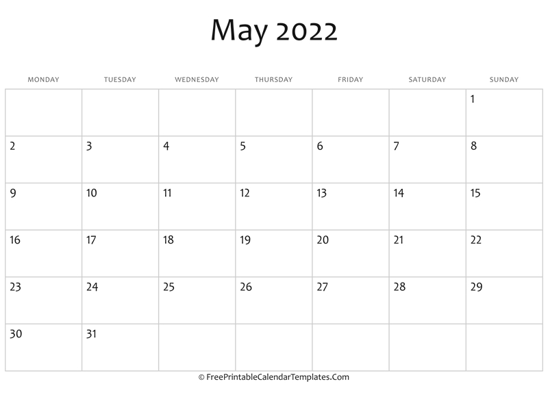Fillable May Calendar 2022 (Horizontal)