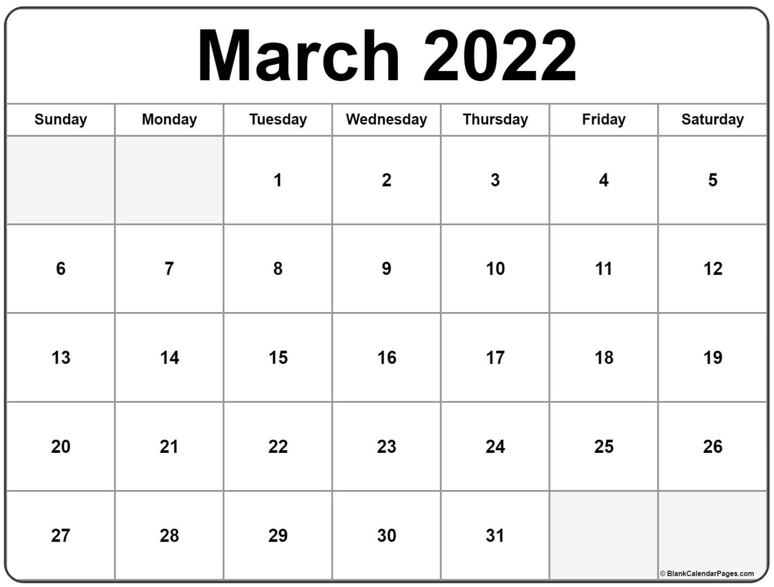Fillable Printable Calendar March 2022 - Monthly Calendars
