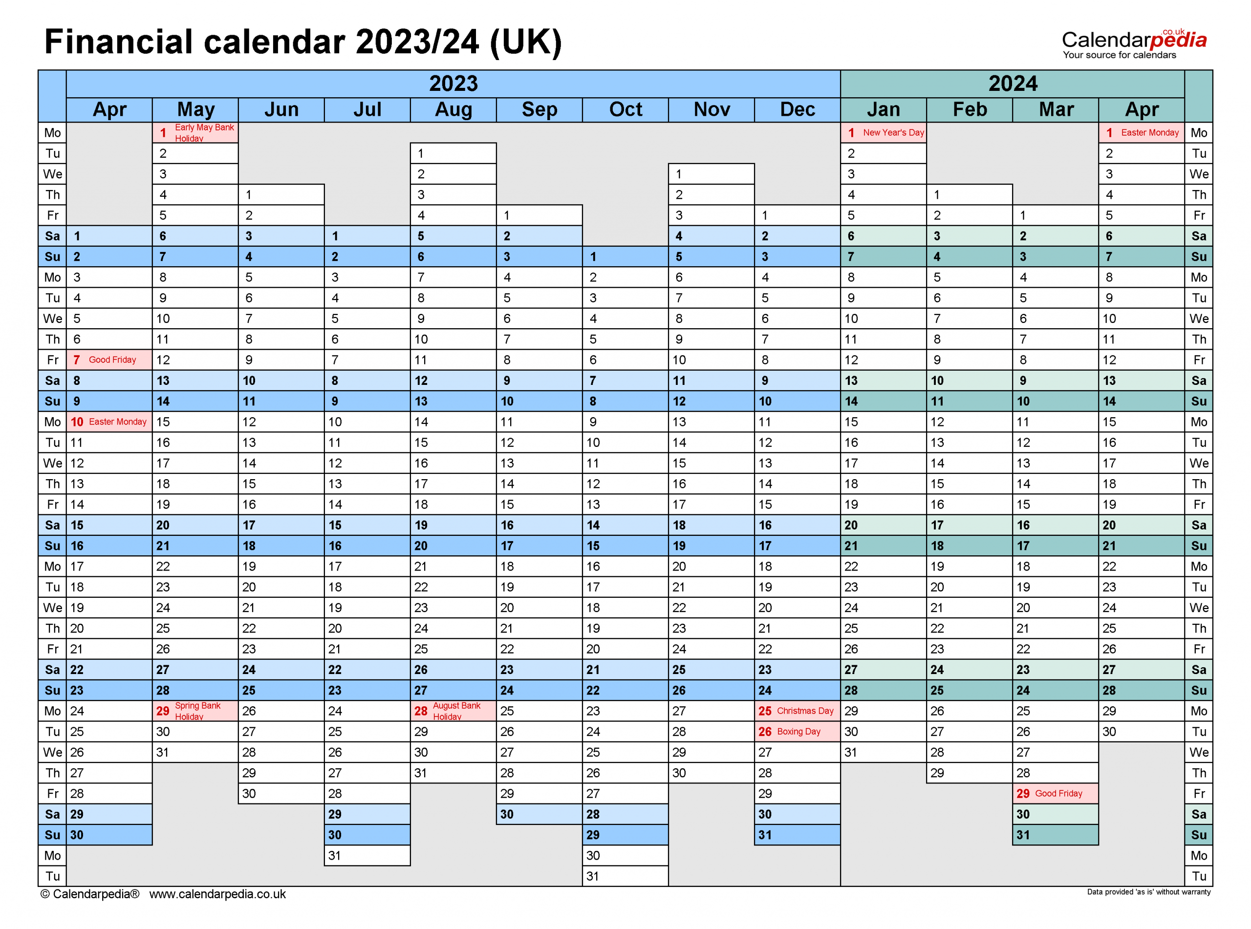 Financial Calendars 2023/24 Uk In Microsoft Word Format