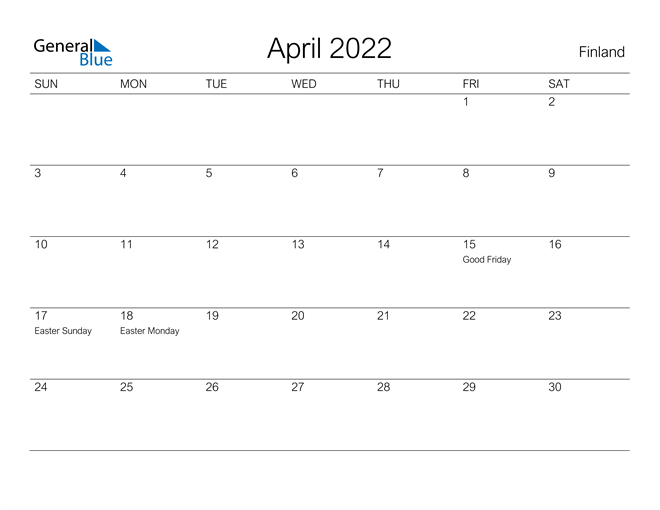 Finland April 2022 Calendar With Holidays