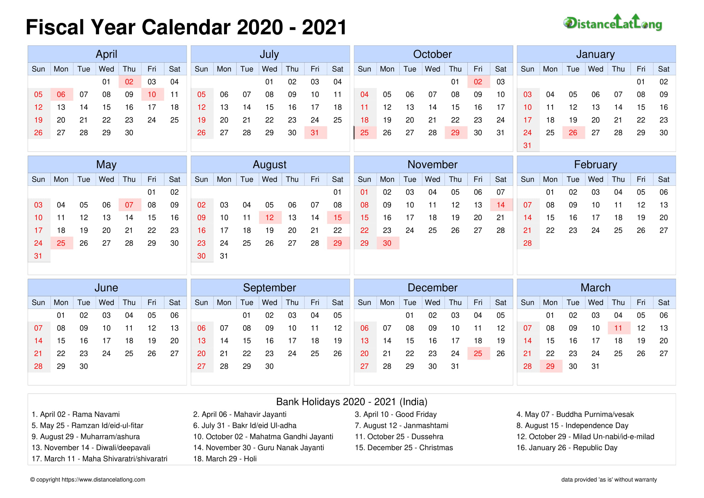 Fiscal Landscape Calendar Vertical Outer Border Sunday To