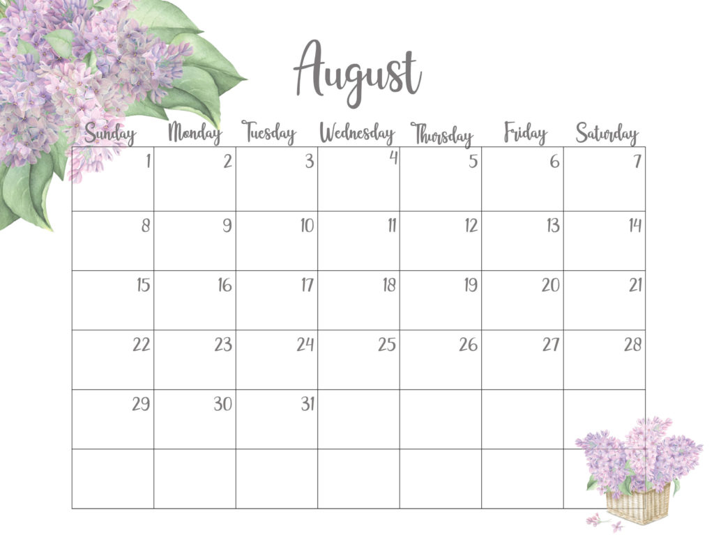 Floral August 2021 Calendar Printable - Cute Designs