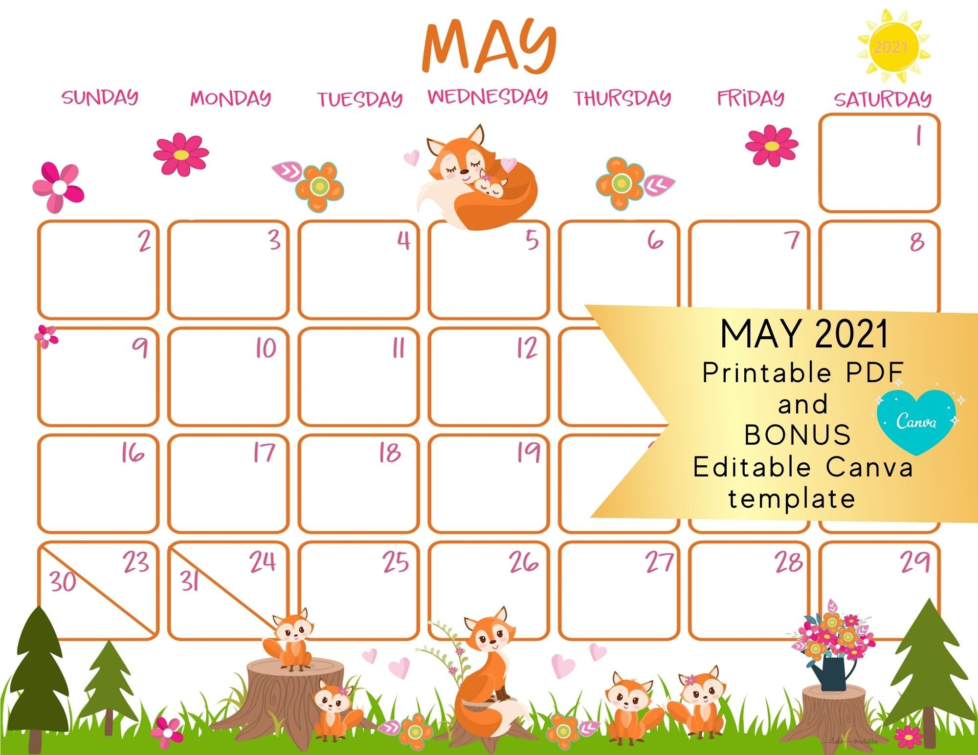 Foxy Mama Calendar May 2021 Mother&#039;S Day Calendar Month | Etsy