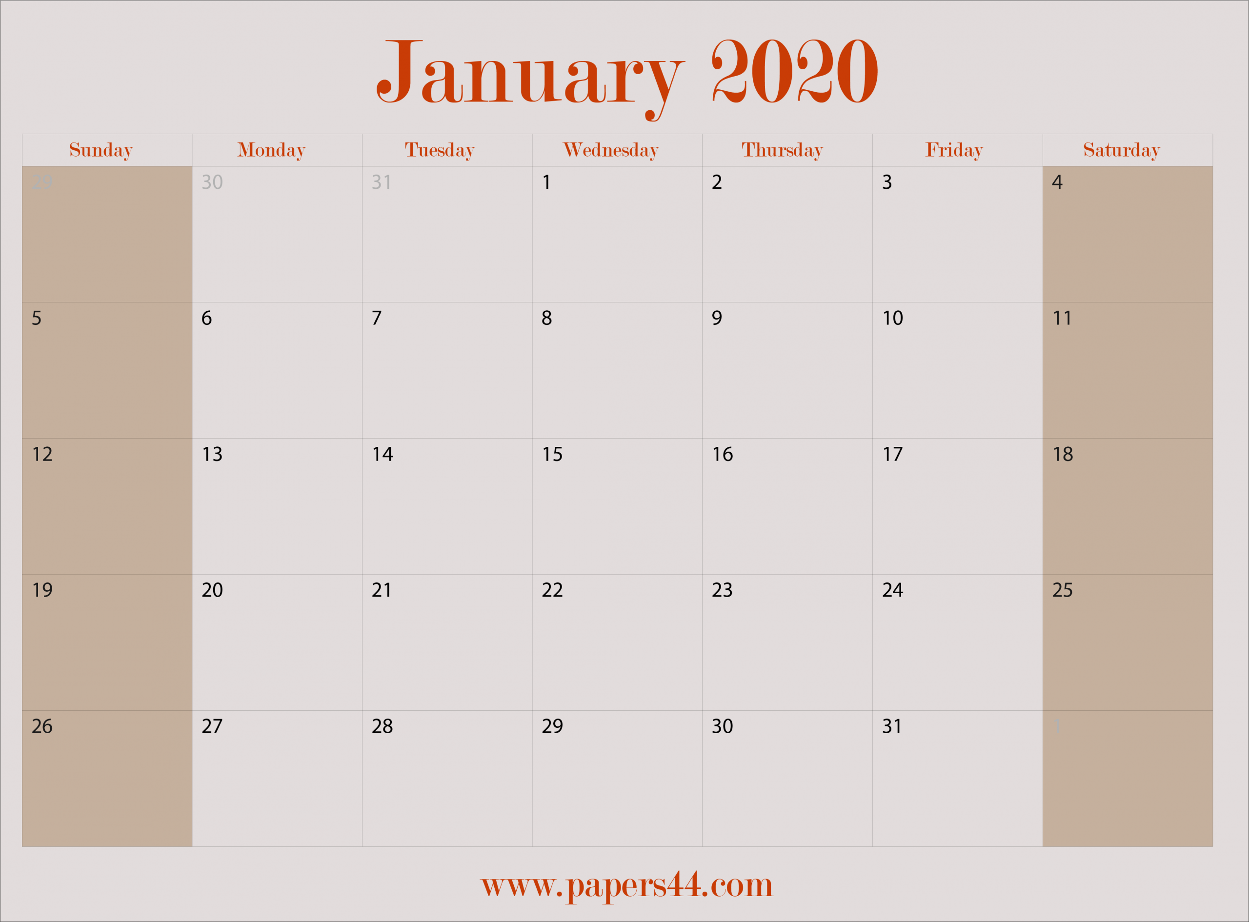 Free 2020 January Calendars - Pdf