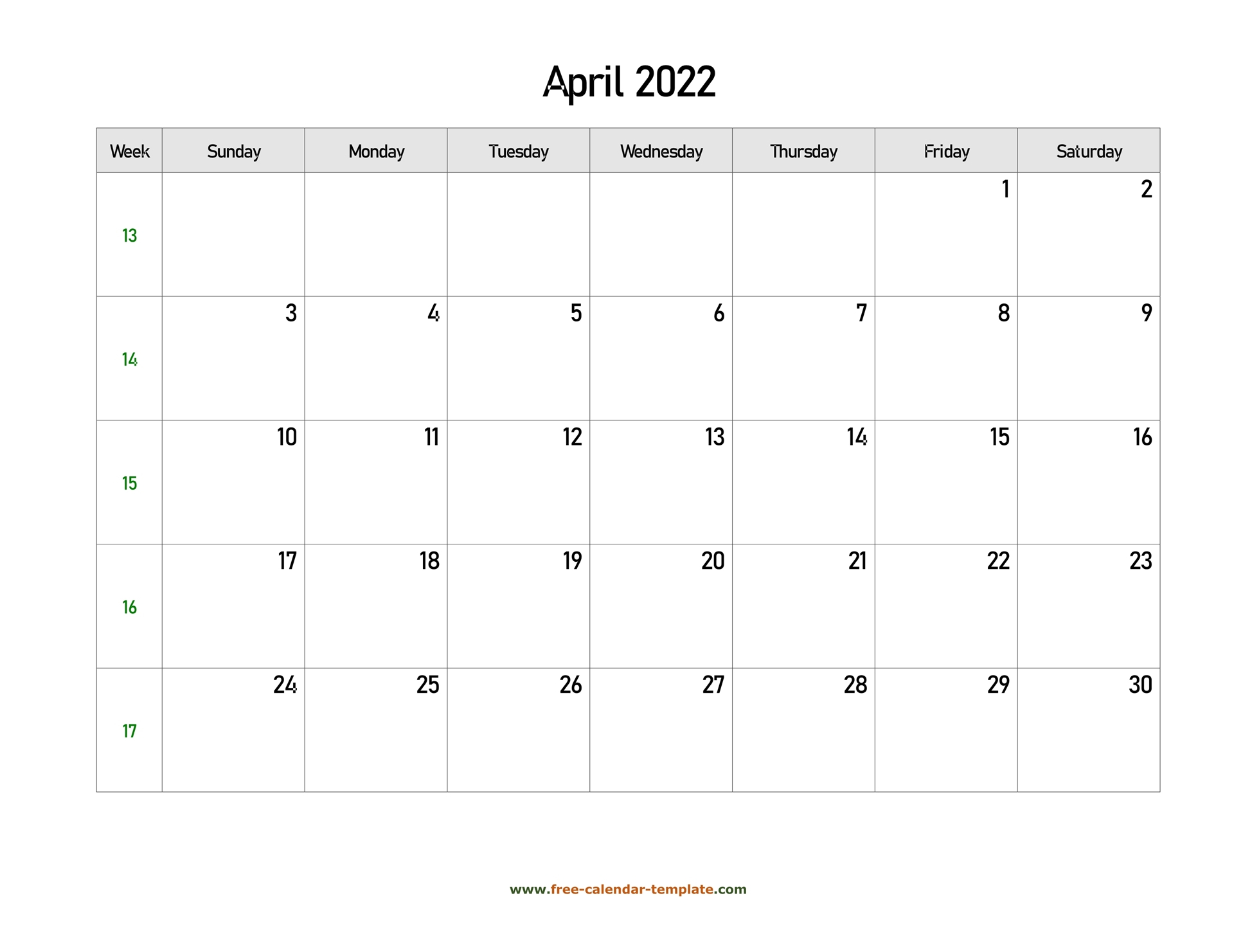 Free 2022 Calendar Blank April Template (Horizontal