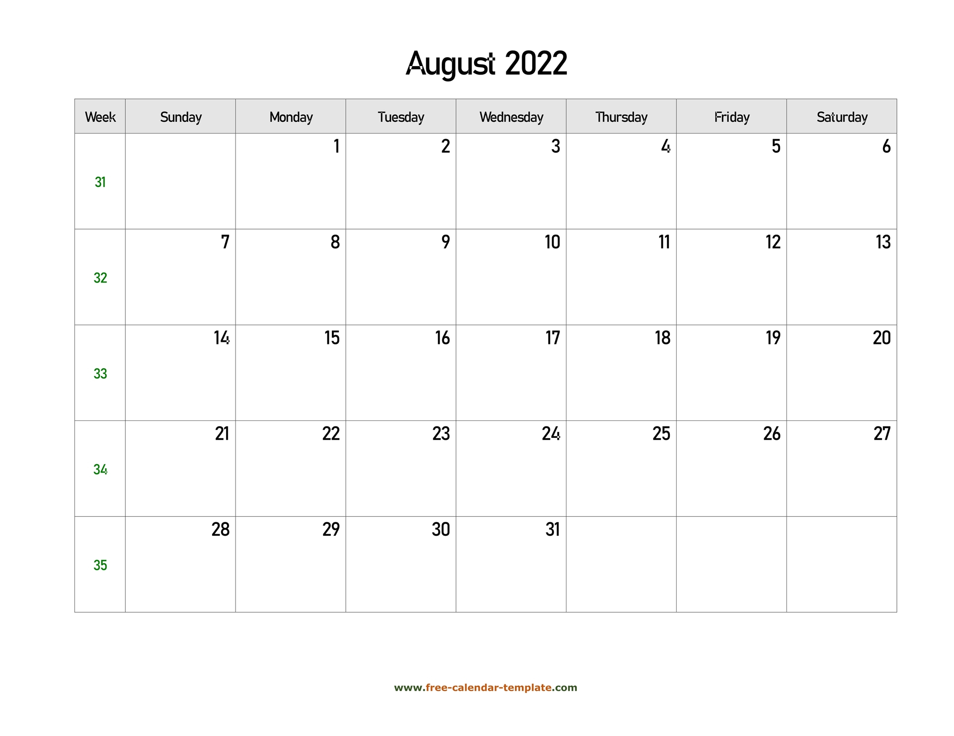 Free 2022 Calendar Blank August Template (Horizontal
