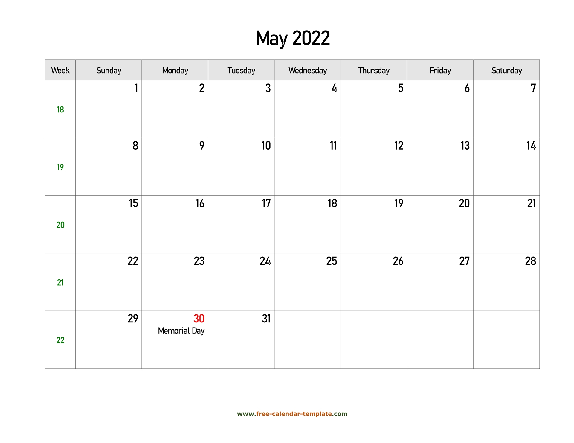Free 2022 Calendar Blank May Template (Horizontal) | Free