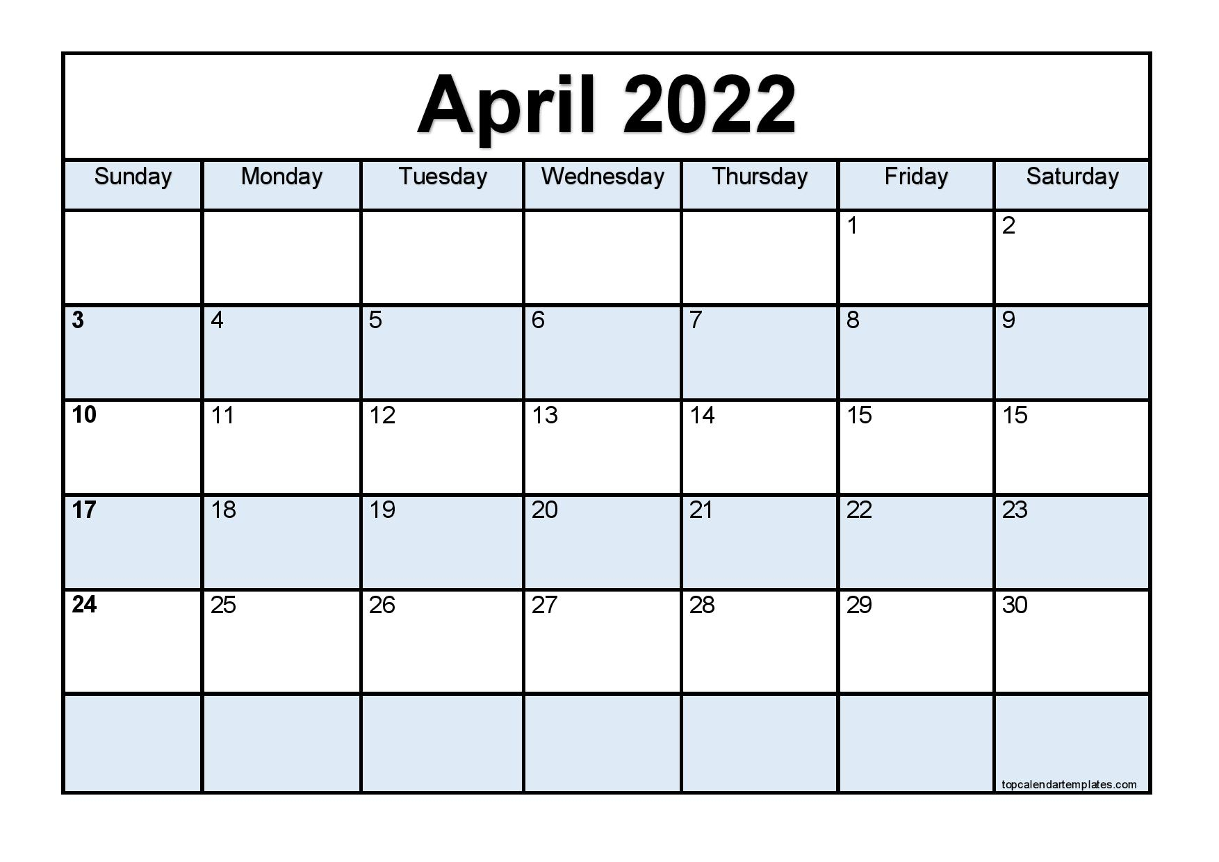 Free April 2022 Calendar Printable Template In Pdf