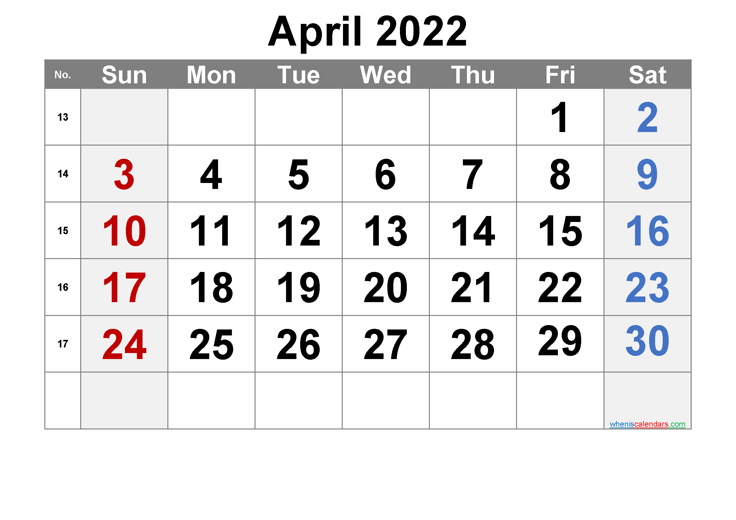 Free April 2022 Calendar With Week Numbers - Free