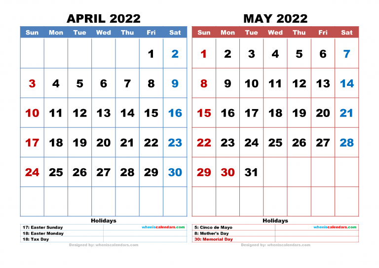 Free April May 2022 Calendar Printable Pdf