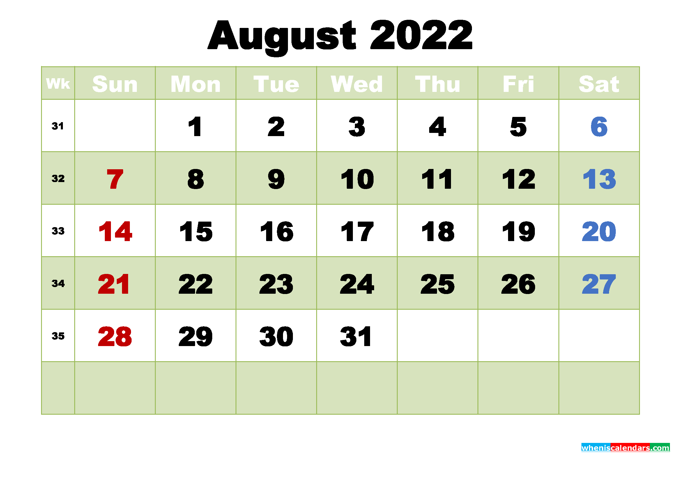 Free August 2022 Printable Calendar Template Word, Pdf