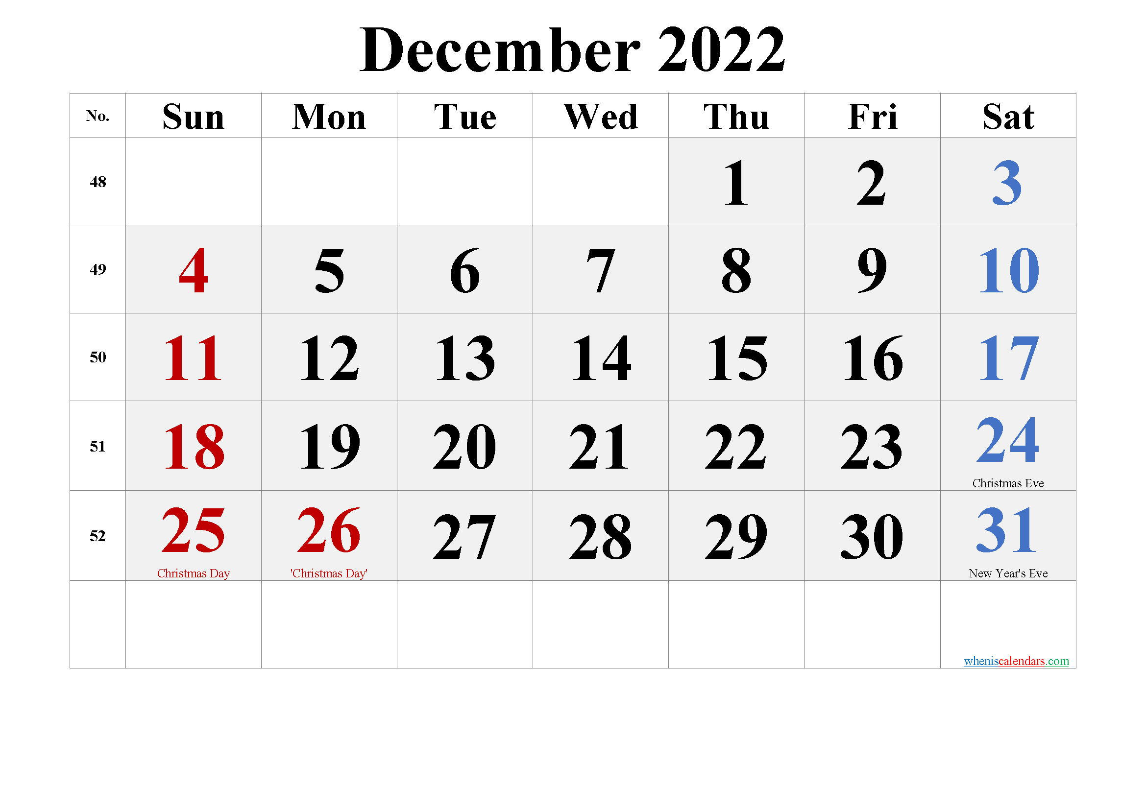 Free December 2022 Calendar Printable