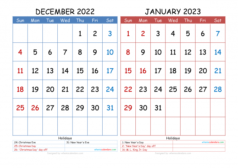 Free December 2022 January 2023 Calendar Printable Pdf