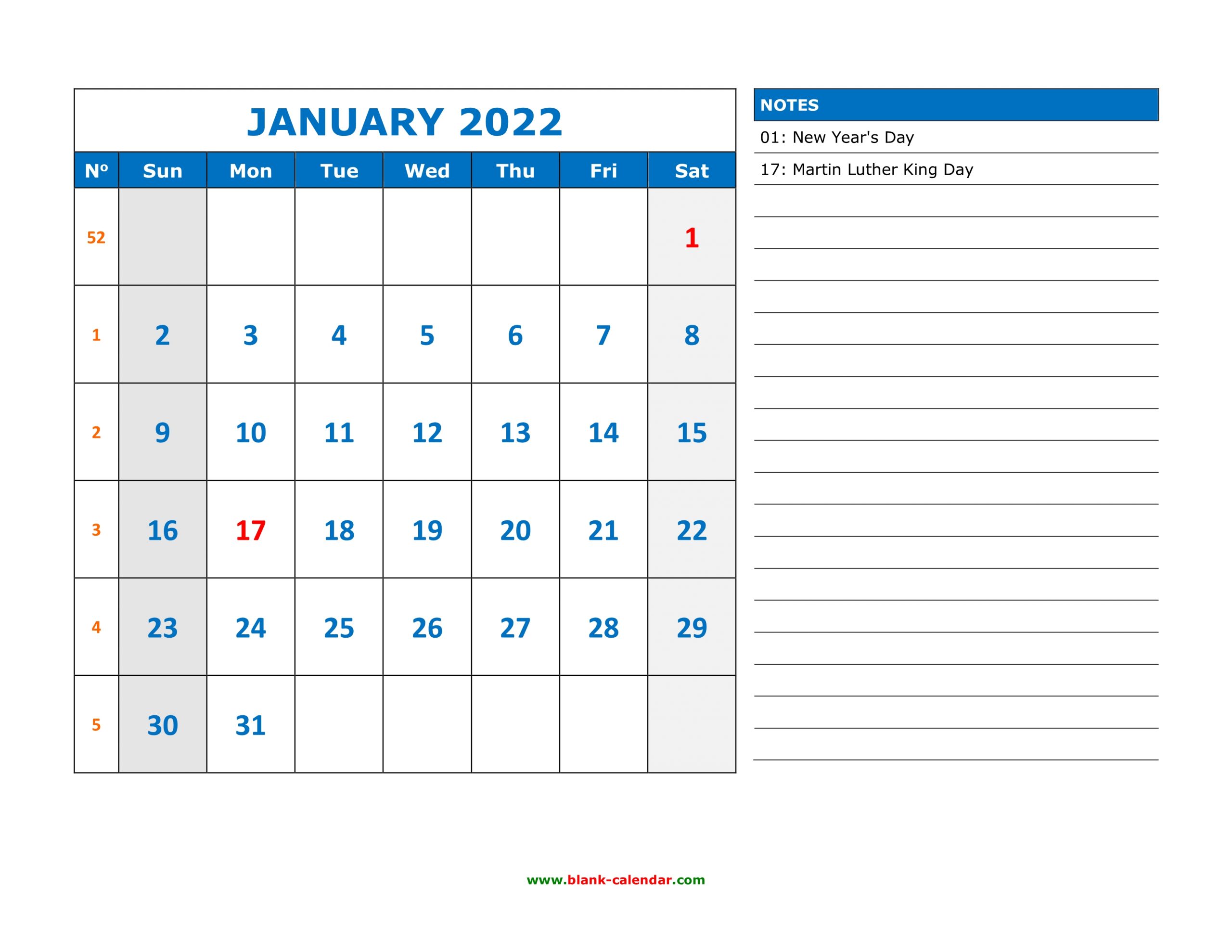 Free Download Printable Calendar 2022, Large Space For