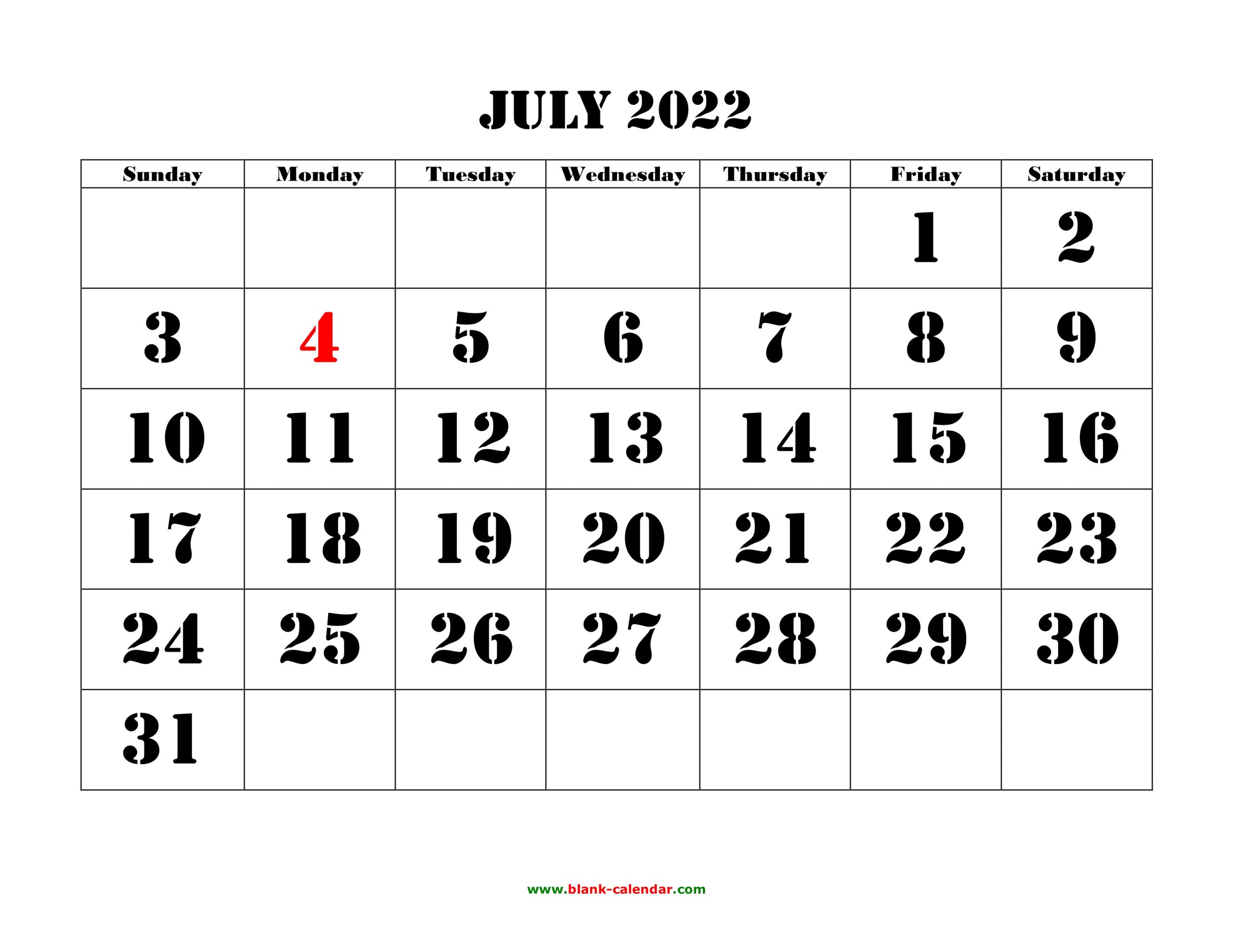 Free Download Printable July 2022 Calendar, Large Font