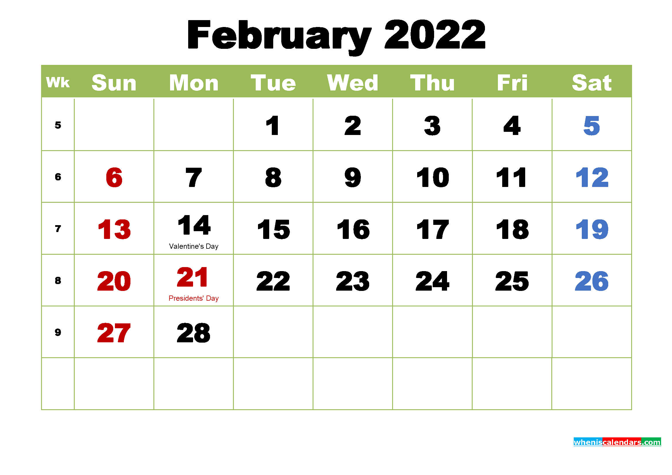 Free February 2022 Printable Calendar With Holidays