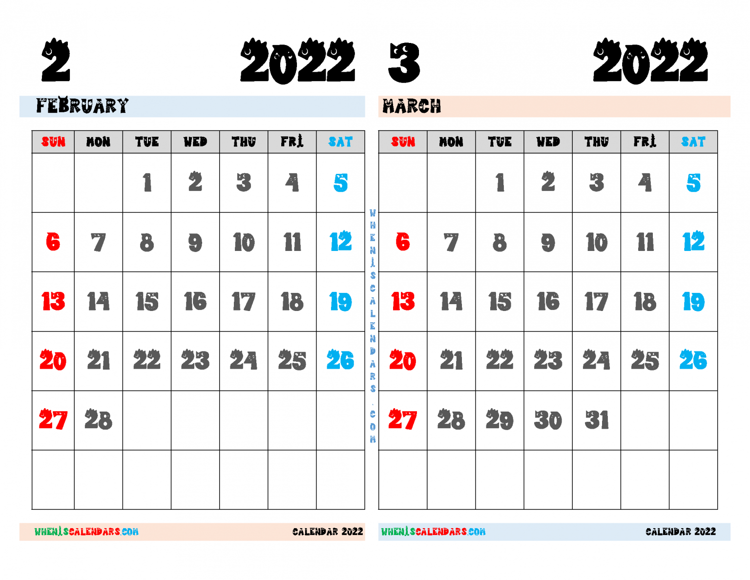 Free February March 2022 Calendar Printable Pdf