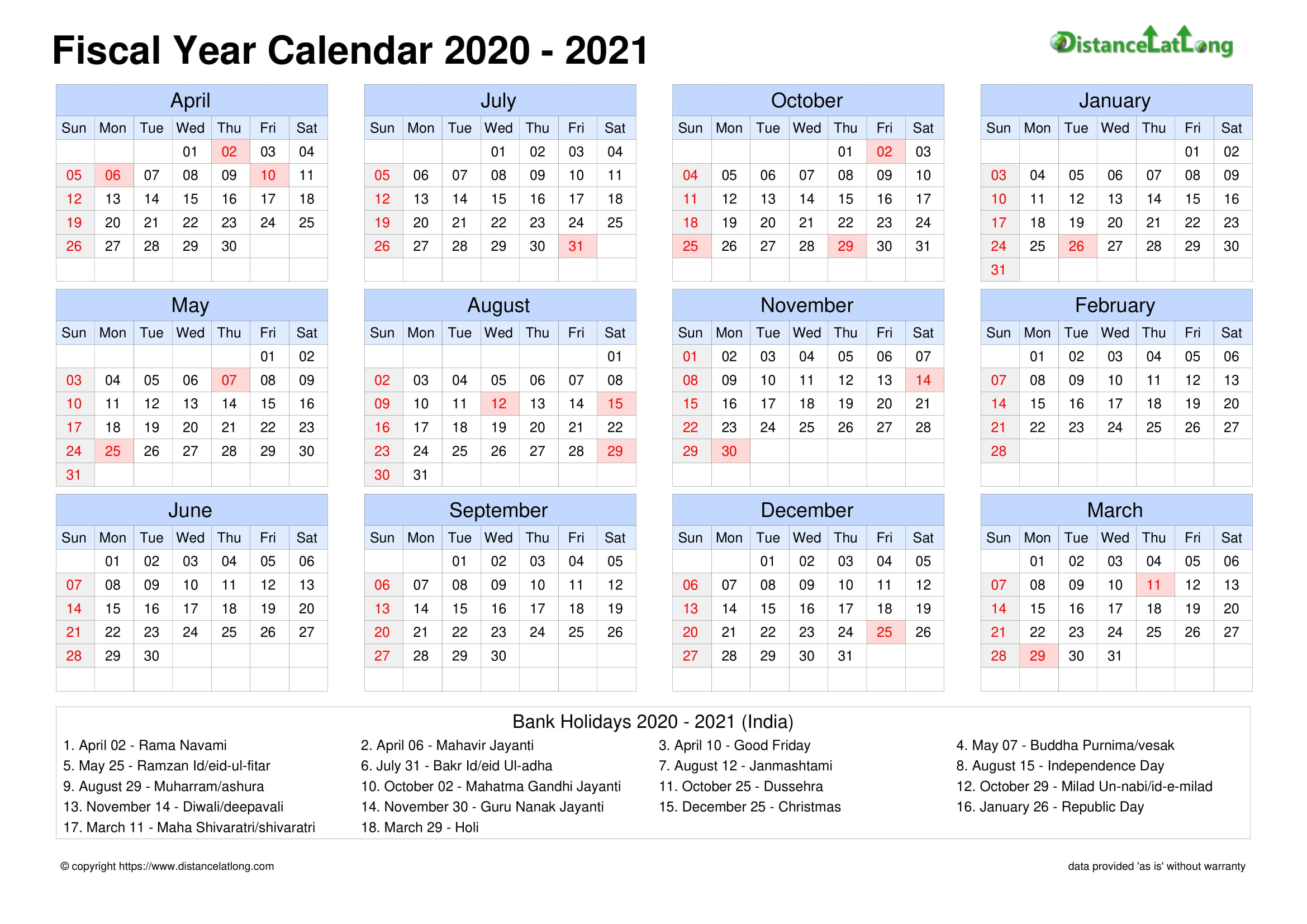 Free India Fiscal Holidays Printable Calendar Template