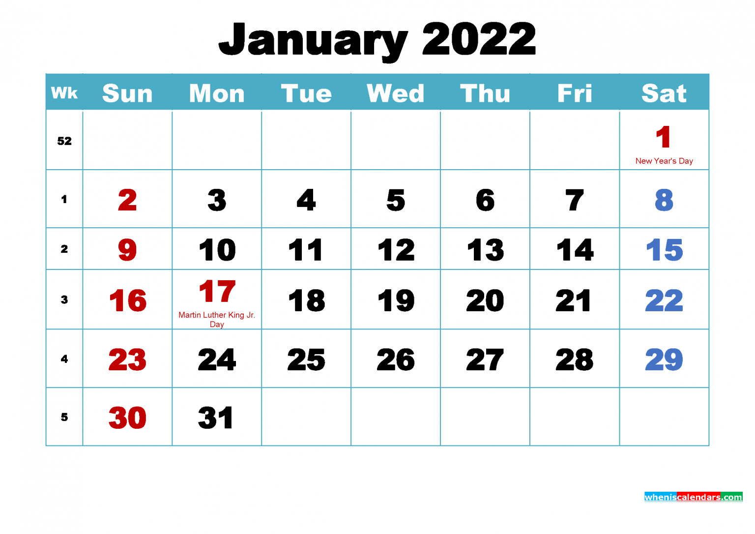 Free January 2022 Calendar With Holidays Printable