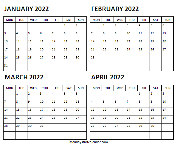 Free January To April 2022 Calendar Print - January 2022