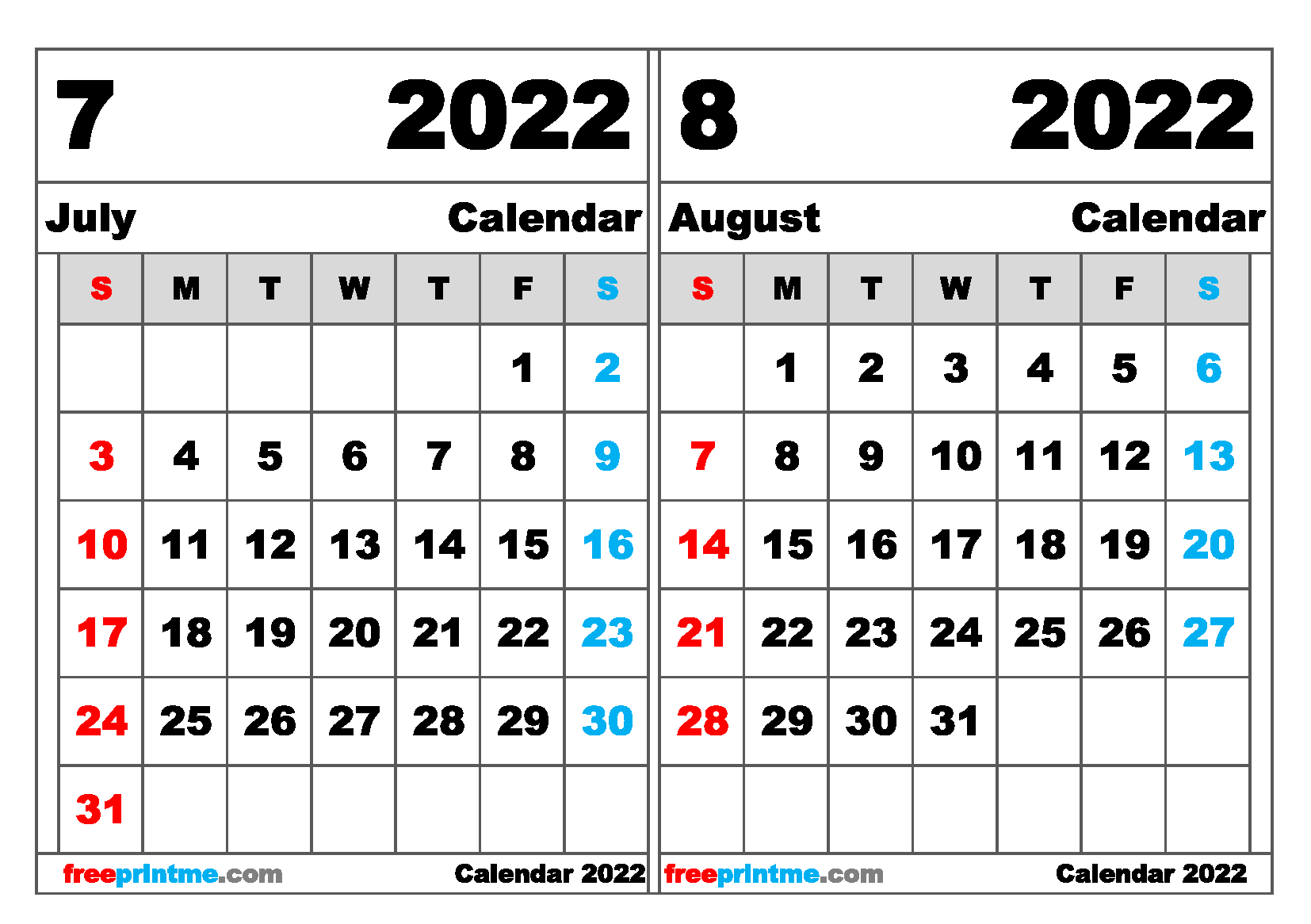 Free July August 2022 Calendar Printable Variety Of Sizes